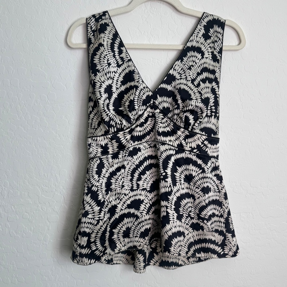 Y2K The Limited Black White Silk Geometric Fan Print Babydoll Top Large Romantic